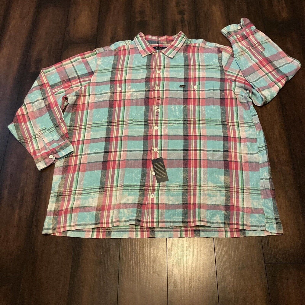 POLO RALPH LAUREN 2XB Men's Big & Tall Bleached Tie Dye Plaid Flannel Shirt NWT